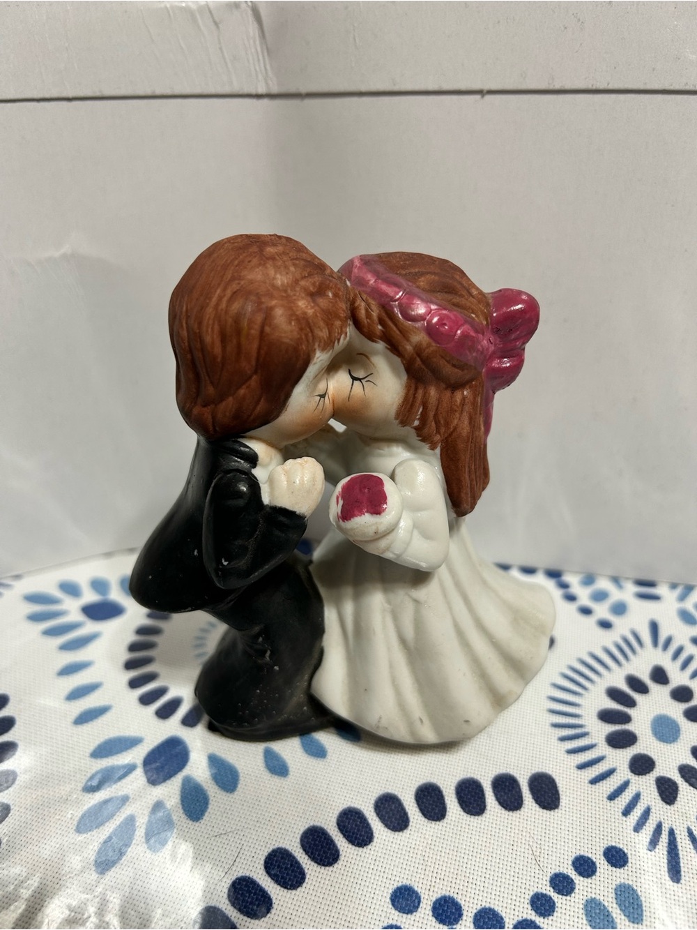 Vintage Ceramic Bride and Groom Figurine - White Dress with Pink Accents